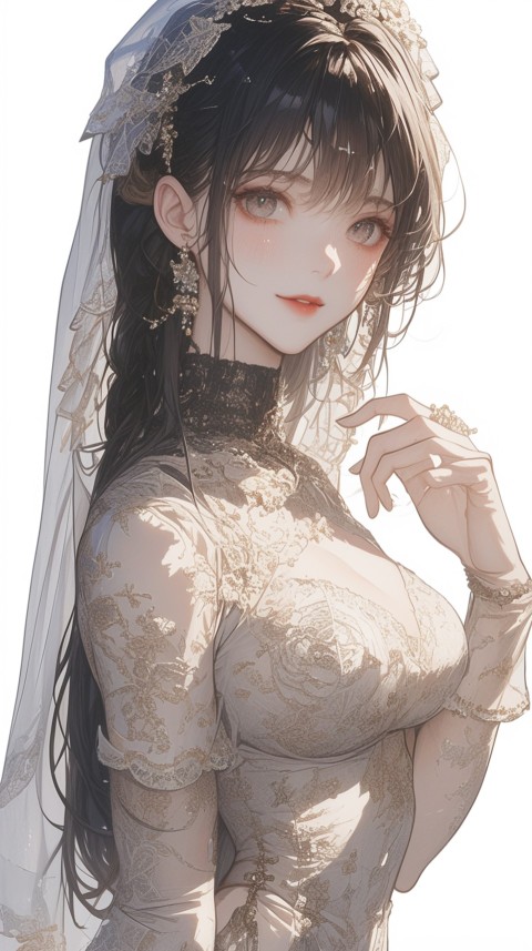 Cute Anime Bride Girl Wearing White Wedding Dress Aesthetic (193)