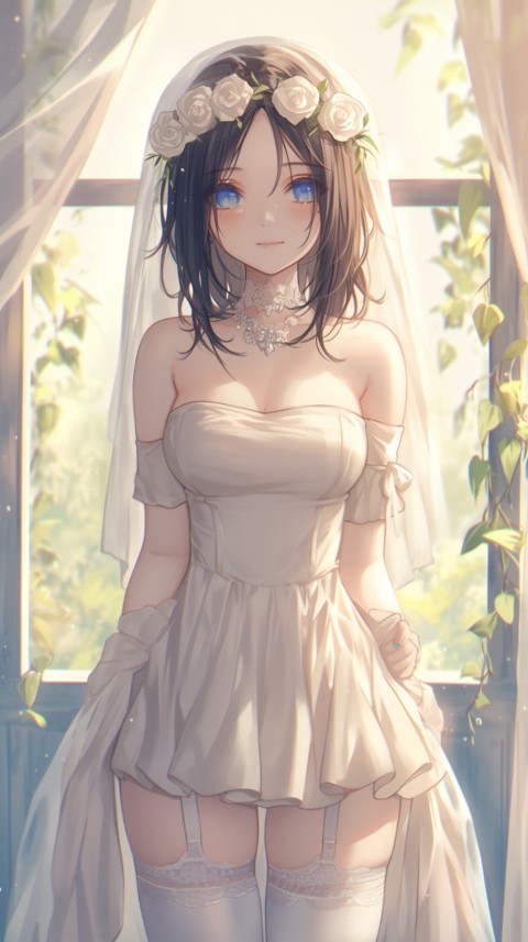 Cute Anime Bride Girl Wearing White Wedding Dress Aesthetic (198)