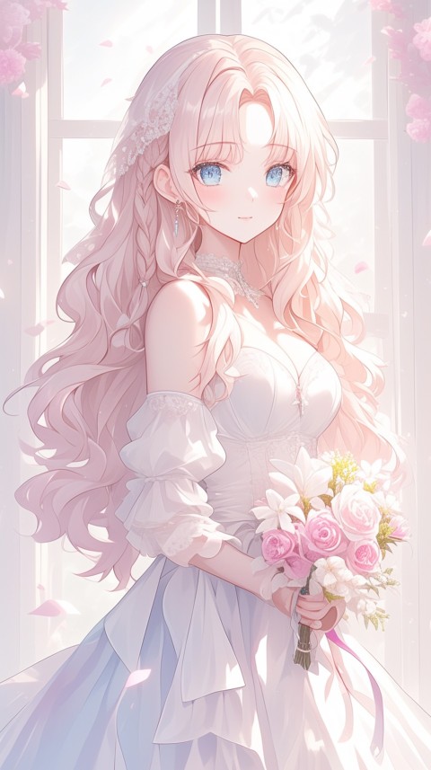 Cute Anime Bride Girl Wearing White Wedding Dress Aesthetic (238)