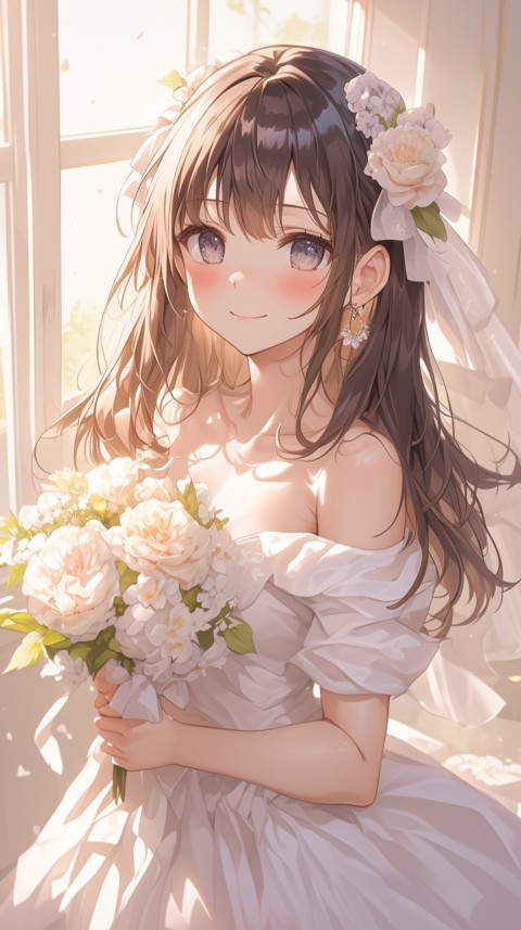 Cute Anime Bride Girl Wearing White Wedding Dress Aesthetic (203)