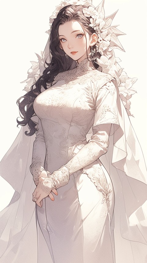 Cute Anime Bride Girl Wearing White Wedding Dress Aesthetic (278)