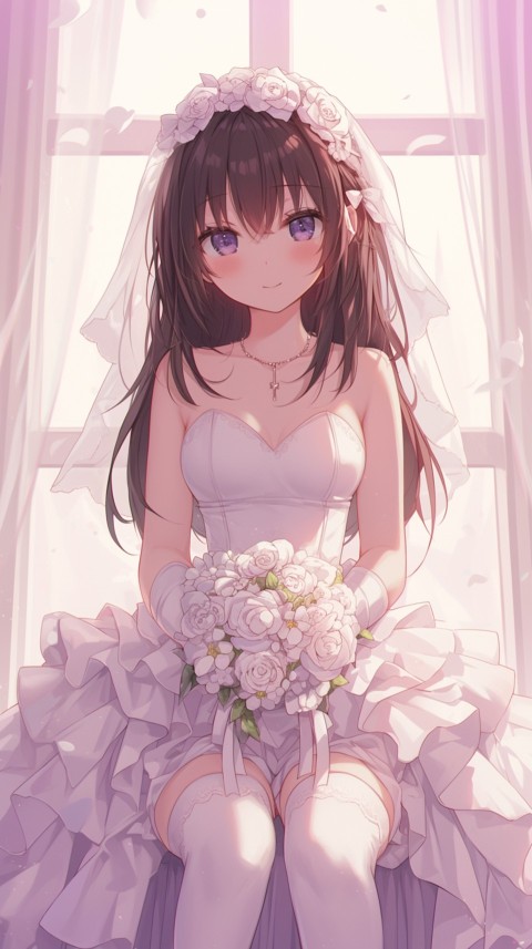 Cute Anime Bride Girl Wearing White Wedding Dress Aesthetic (400)