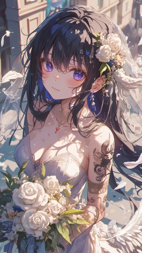 Cute Anime Bride Girl Wearing White Wedding Dress Aesthetic (402)