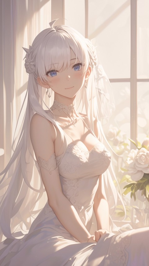 Cute Anime Bride Girl Wearing White Wedding Dress Aesthetic (546)