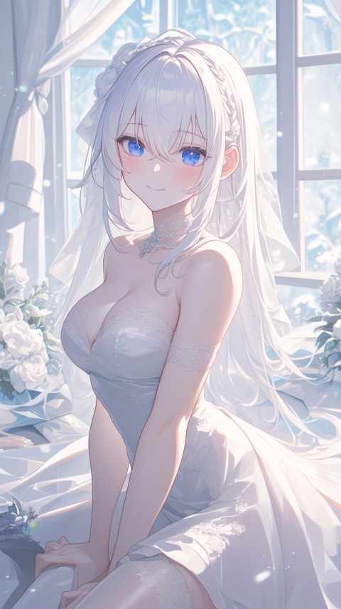 Cute Anime Bride Girl Wearing White Wedding Dress Aesthetic (575)