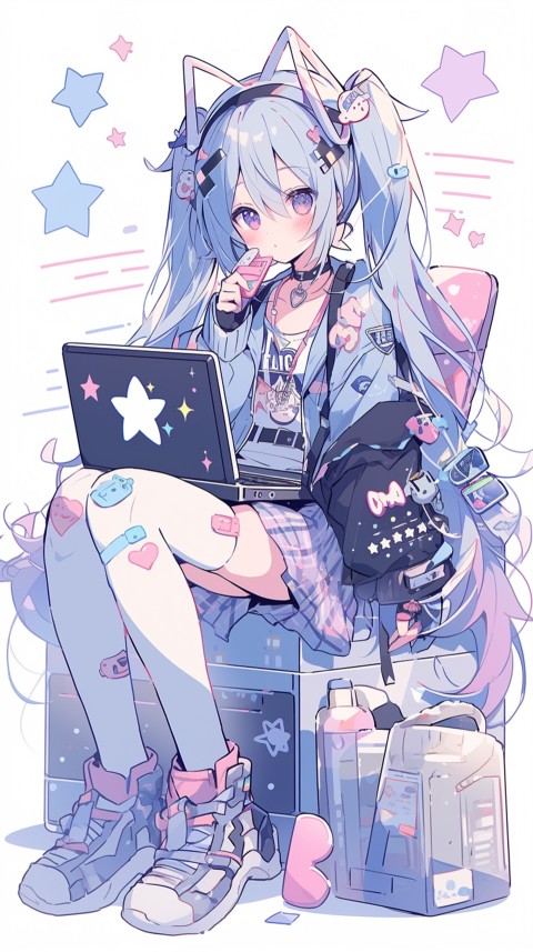 Cute Happy Anime Girl using Laptop Computer Aesthetic (30)