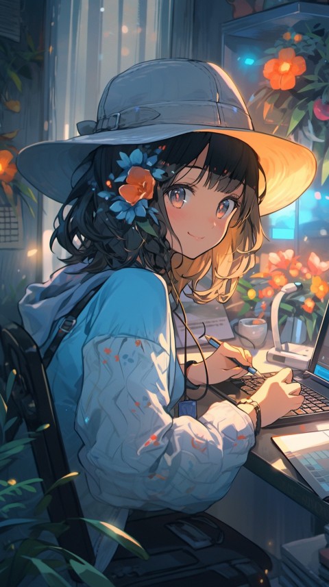 Cute Happy Anime Girl using Laptop Computer Aesthetic (4)
