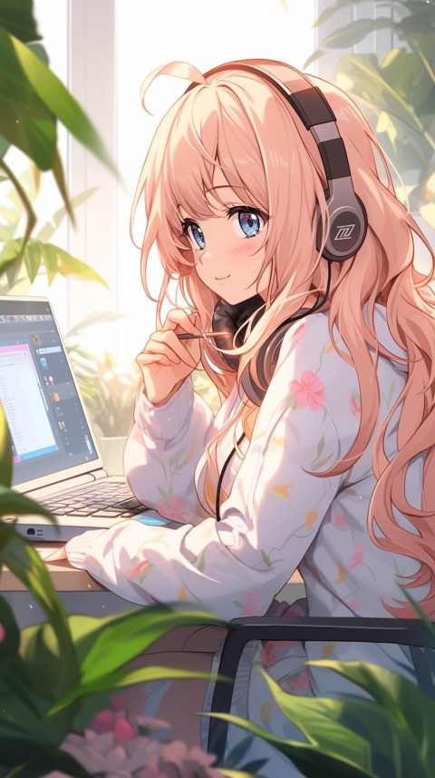 Cute Happy Anime Girl using Laptop Computer Aesthetic (8)