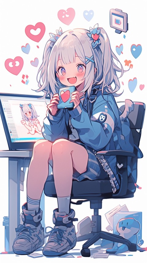 Cute Happy Anime Girl using Laptop Computer Aesthetic (17)