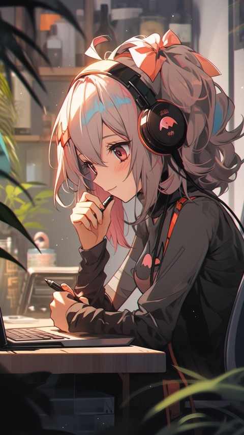 Cute Happy Anime Girl using Laptop Computer Aesthetic (37)