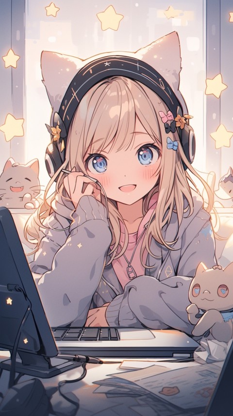 Cute Happy Anime Girl using Laptop Computer Aesthetic (21)