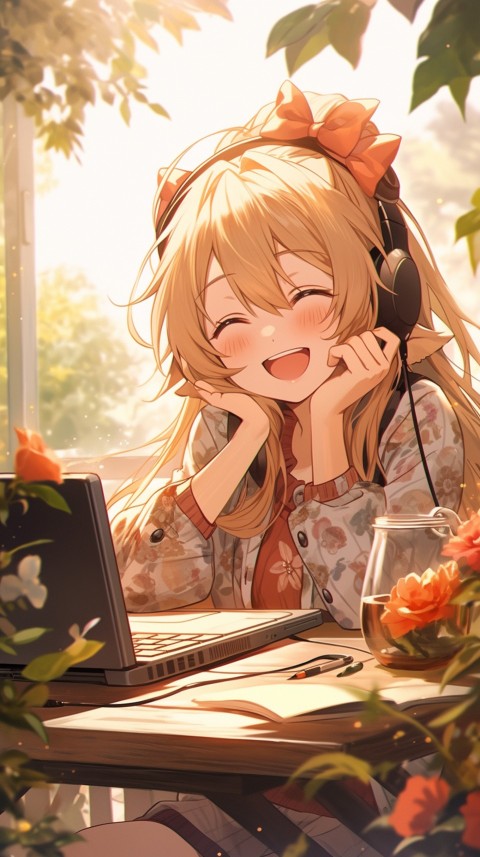 Cute Happy Anime Girl using Laptop Computer Aesthetic (45)