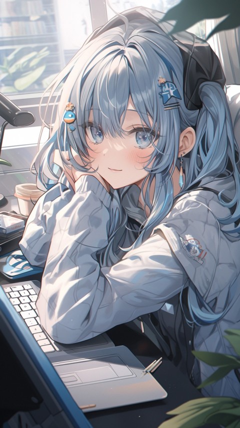 Cute Happy Anime Girl using Laptop Computer Aesthetic (29)