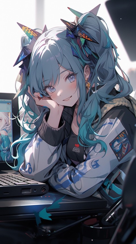 Cute Happy Anime Girl using Laptop Computer Aesthetic (44)