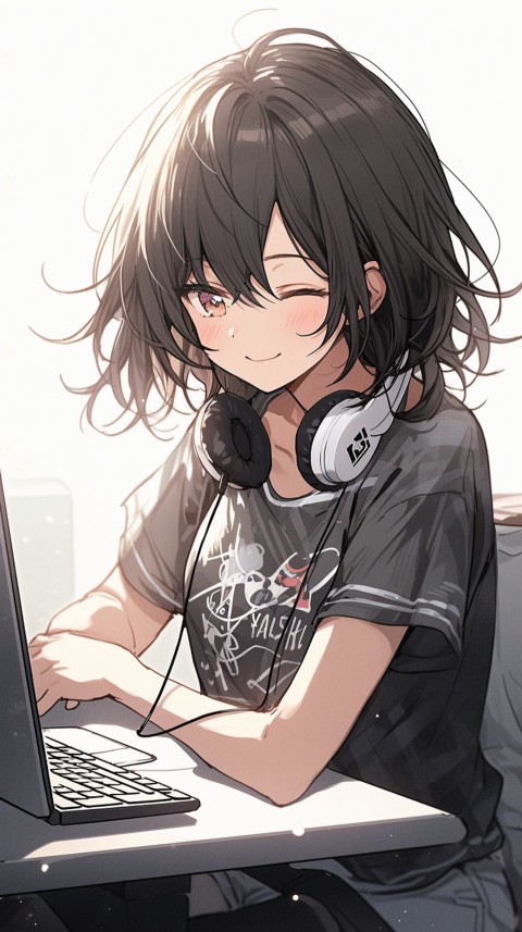 Cute Happy Anime Girl using Laptop Computer Aesthetic (38)