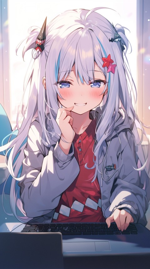 Cute Happy Anime Girl using Laptop Computer Aesthetic (57)