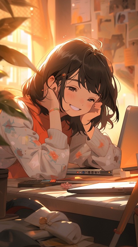 Cute Happy Anime Girl using Laptop Computer Aesthetic (83)