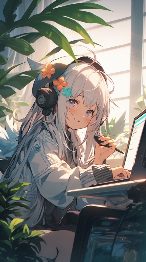 Cute Happy Anime Girl using Laptop Computer Aesthetic (64)
