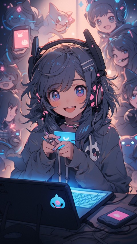 Cute Happy Anime Girl using Laptop Computer Aesthetic (51)