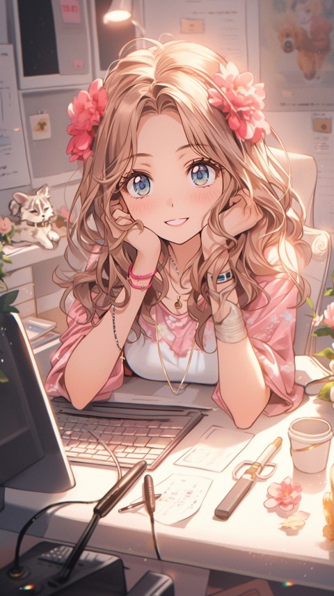 Cute Happy Anime Girl using Laptop Computer Aesthetic (52)