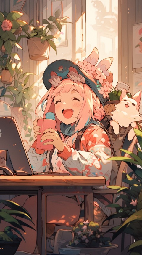 Cute Happy Anime Girl using Laptop Computer Aesthetic (79)