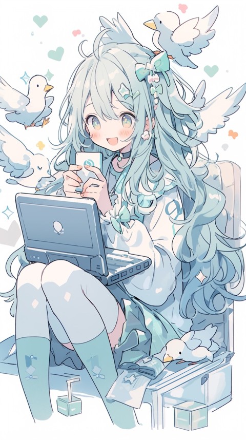 Cute Happy Anime Girl using Laptop Computer Aesthetic (111)