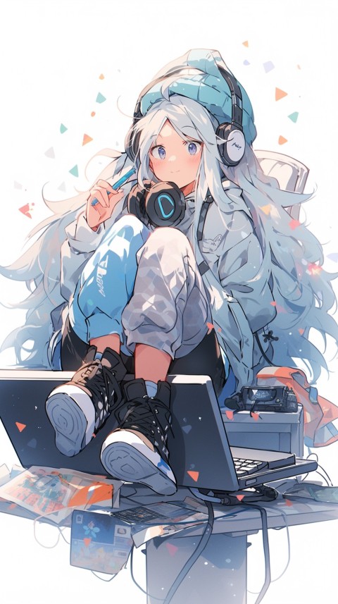 Cute Happy Anime Girl using Laptop Computer Aesthetic (117)