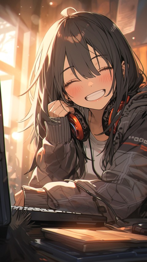 Cute Happy Anime Girl using Laptop Computer Aesthetic (128)