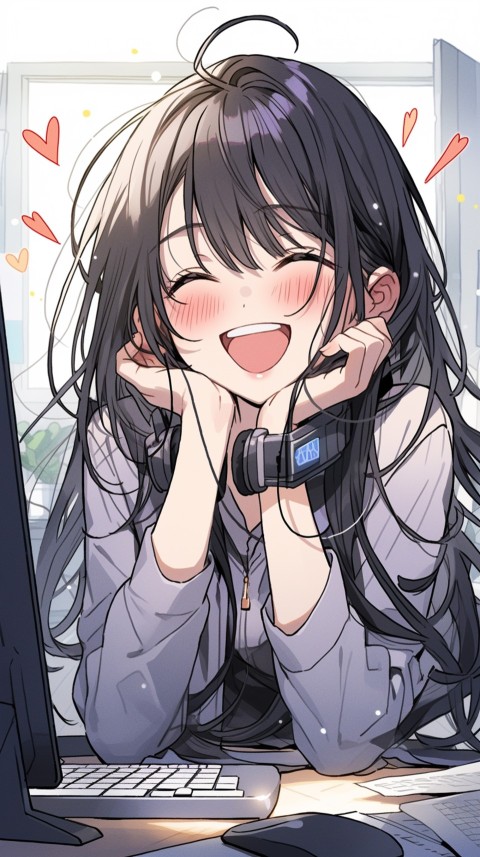 Cute Happy Anime Girl using Laptop Computer Aesthetic (131)