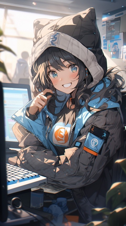 Cute Happy Anime Girl using Laptop Computer Aesthetic (107)