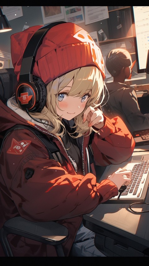 Cute Happy Anime Girl using Laptop Computer Aesthetic (127)