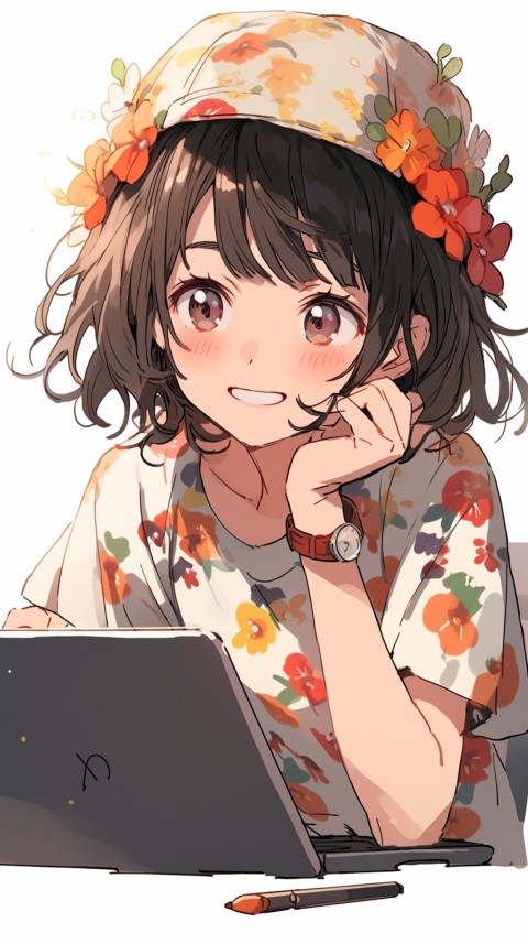 Cute Happy Anime Girl using Laptop Computer Aesthetic (190)
