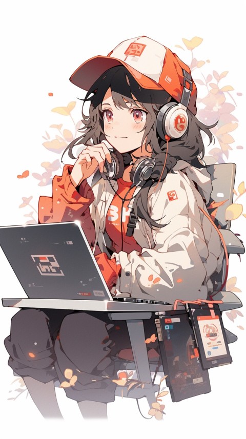 Cute Happy Anime Girl using Laptop Computer Aesthetic (189)