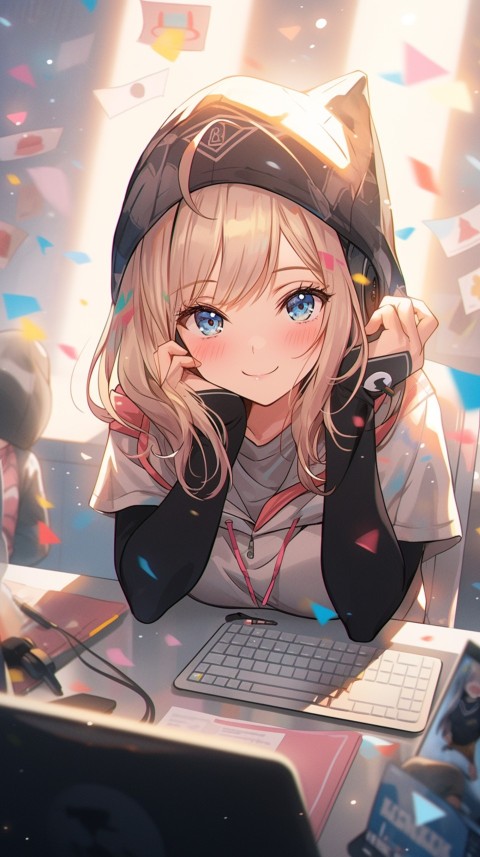 Cute Happy Anime Girl using Laptop Computer Aesthetic (194)