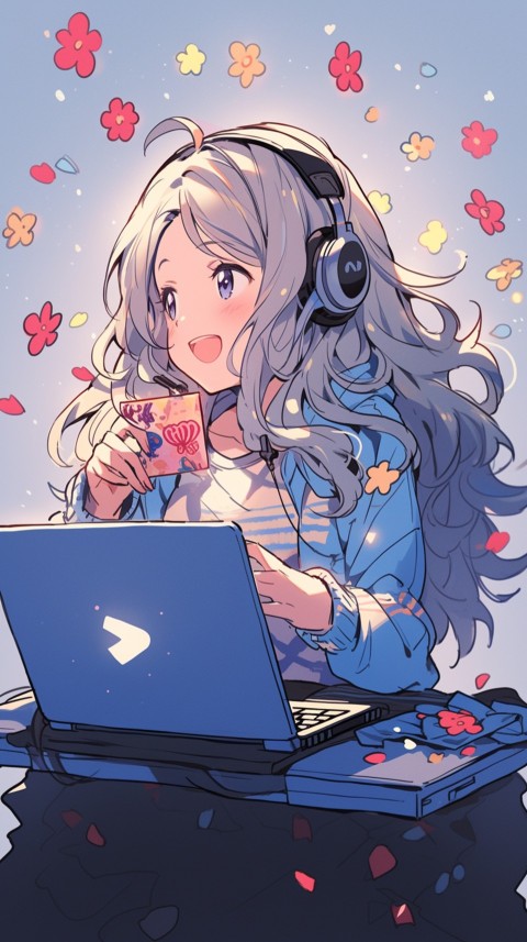 Cute Happy Anime Girl using Laptop Computer Aesthetic (160)