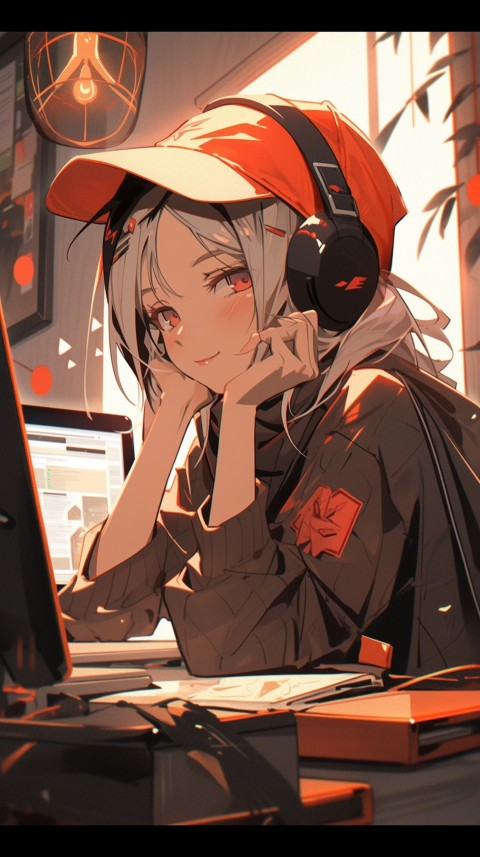 Cute Happy Anime Girl using Laptop Computer Aesthetic (195)
