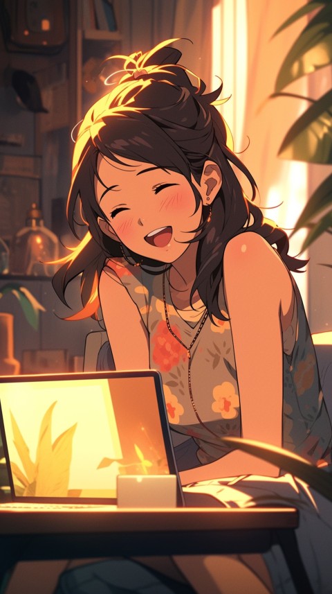 Cute Happy Anime Girl using Laptop Computer Aesthetic (196)