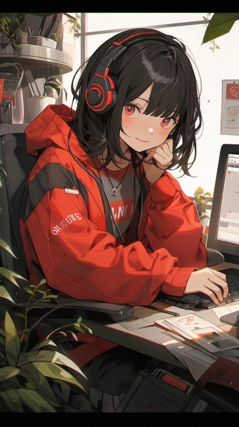 Cute Happy Anime Girl using Laptop Computer Aesthetic (187)