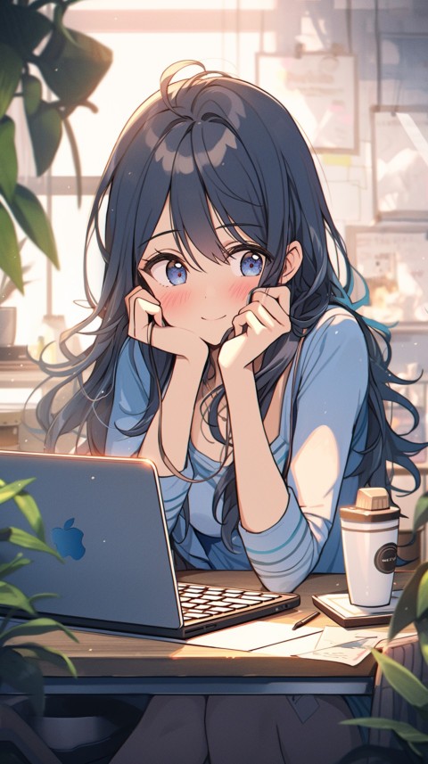 Cute Happy Anime Girl using Laptop Computer Aesthetic (200)