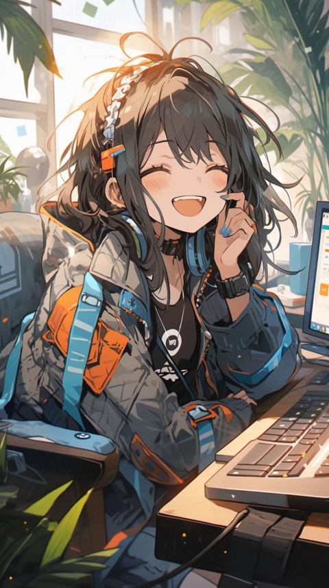 Cute Happy Anime Girl using Laptop Computer Aesthetic (175)