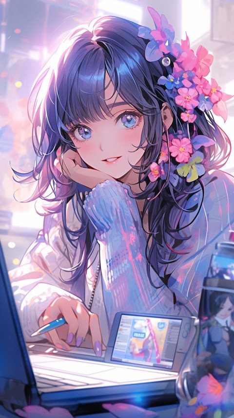 Cute Happy Anime Girl using Laptop Computer Aesthetic (197)