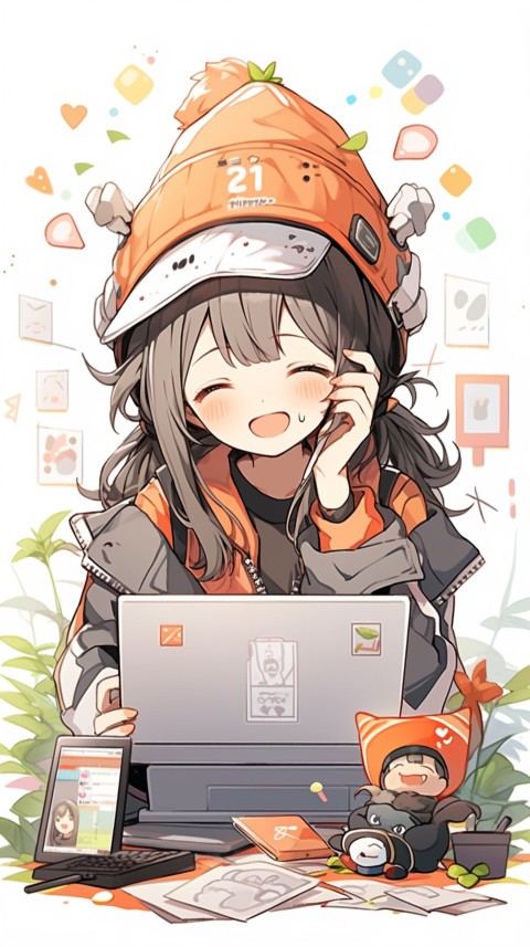 Cute Happy Anime Girl using Laptop Computer Aesthetic (250)
