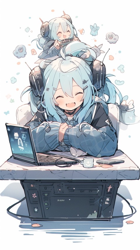 Cute Happy Anime Girl using Laptop Computer Aesthetic (206)