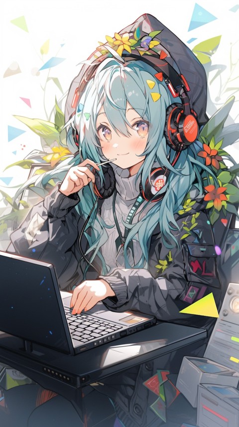 Cute Happy Anime Girl using Laptop Computer Aesthetic (246)