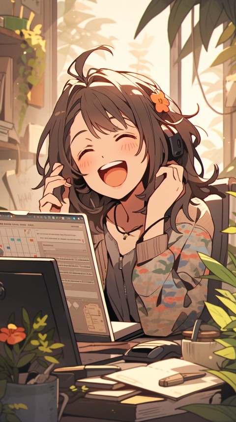 Cute Happy Anime Girl using Laptop Computer Aesthetic (232)