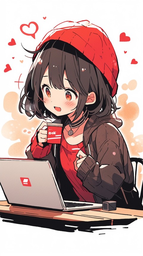 Cute Happy Anime Girl using Laptop Computer Aesthetic (226)