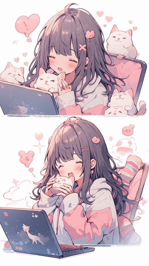 Cute Happy Anime Girl using Laptop Computer Aesthetic (239)