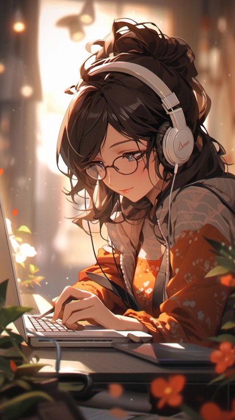 Cute Happy Anime Girl using Laptop Computer Aesthetic (207)