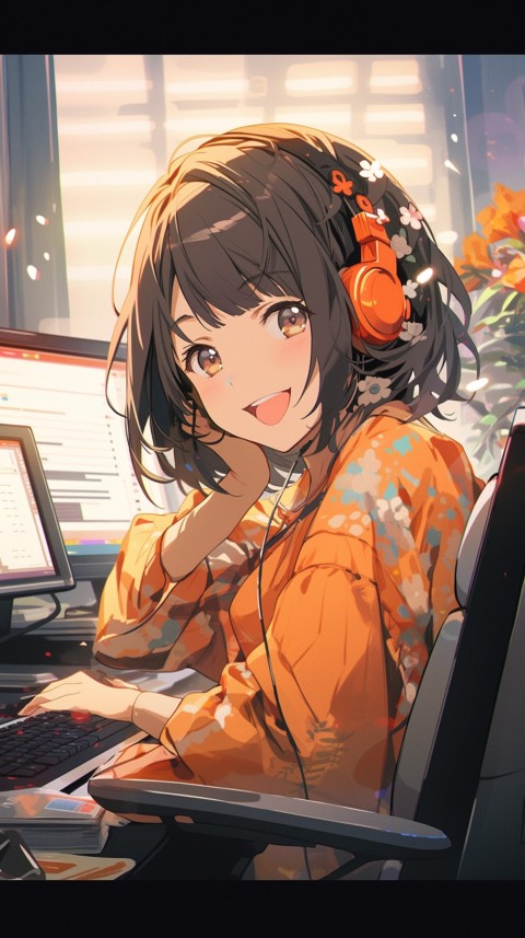 Cute Happy Anime Girl using Laptop Computer Aesthetic (243)