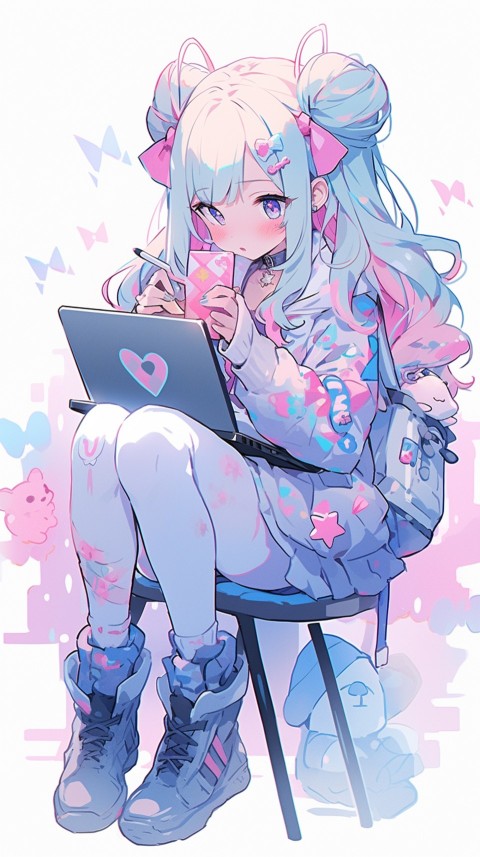 Cute Happy Anime Girl using Laptop Computer Aesthetic (234)